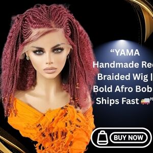 YAMA Handmade Red Braided Wig | Bold Afro Bob | Full Lace | Ships Fast 🚚